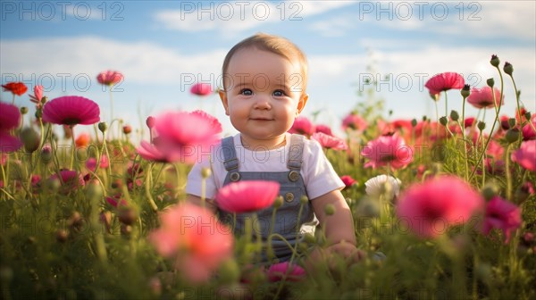 Cute baby boy in poppy field on sunny summer day. Happy child with flowers AI generated