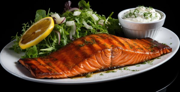 Grilled salmon with arugula salad and tartar sauce on black background AI generated