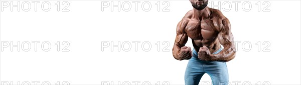 No name sexy muscular man in jeans posing over white background. Bodybuilding and fitness concept.
