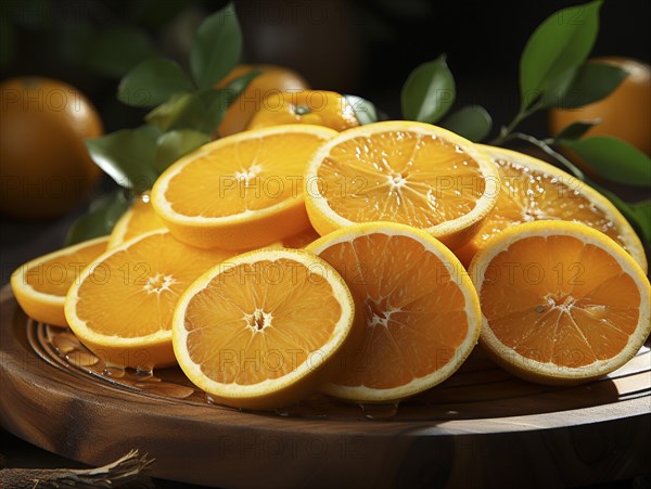 Drizzling honey over juicy orange slices on a wooden serving board