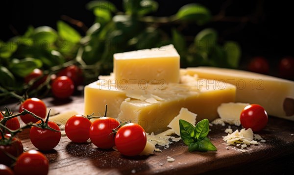 Parmesan cheese with cherry tomatoes and basil on a wooden board AI generated