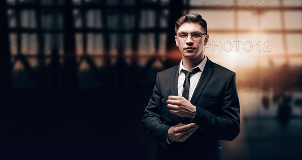 Portrait of a man in a business suit. He is standing at the airport and looking at the camera. Airline concept. VIP transportation. Private airlines. Charter flights.