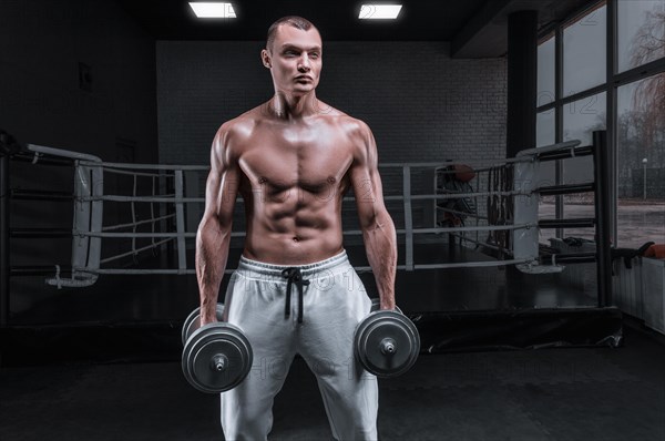 Handsome young man working out with dumbbells in the gym. Shoulder pumping. Fitness and bodybuilding concept.