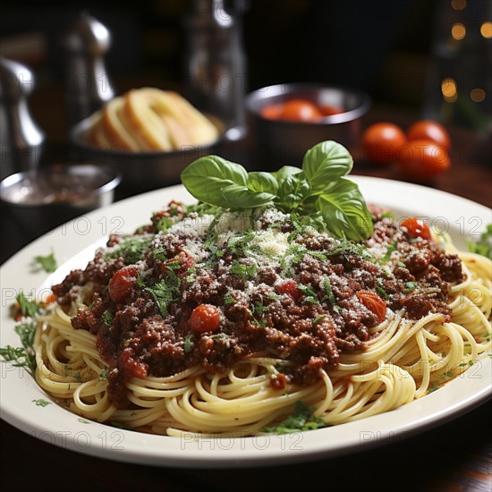 Leuchtende Spaghetti Bolognese mit Parmesan bestreut auf einem weiss gedeckten Tisch