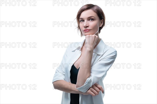 Portrait of stylish adult woman posing in studio over white background. Mentoring and coaching concept