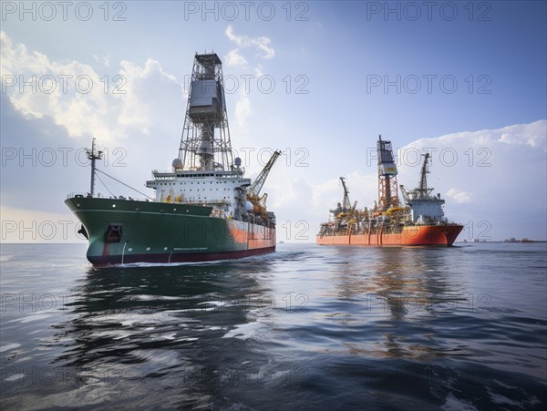 Offshore drilling ship on a calm sea with a clear blue sky overhead