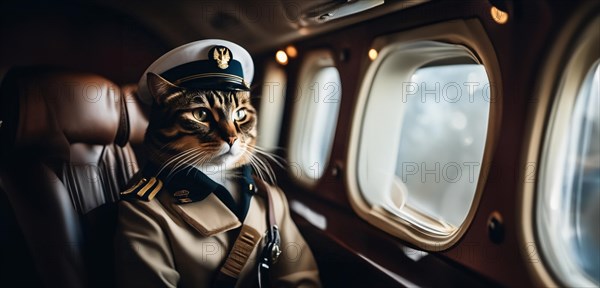 Cat pilot in an airplane pilot uniform on an airplane