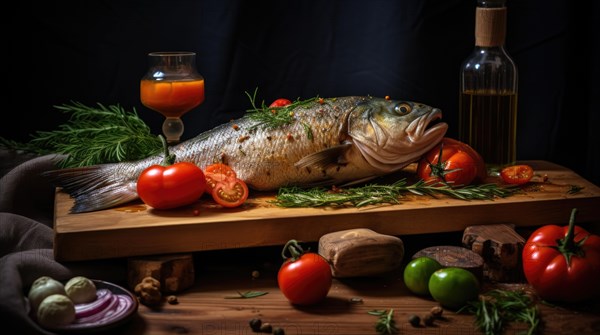 Fresh raw fish with rosemary and tomatoes on a wooden board AI generated