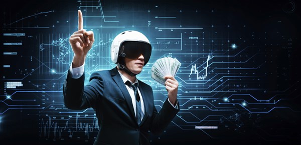 Portrait of a businessman in a suit and aviator helmet. He made a fan of a pack of hundred-dollar bills. Business concept.