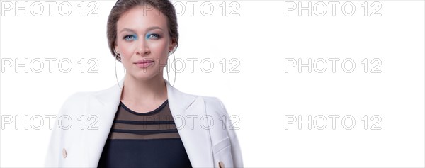 Portrait of a beautiful business woman in a white jacket. White background. The concept of management