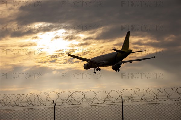 Taking off passenger plane in front of evening sky