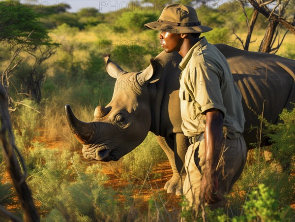 A ranger in a hat patrolling near a rhinoceros amongst tall grass in afternoon light