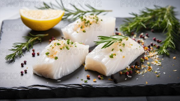 Raw white fish fillet with spices and lemon on wooden cutting board AI generated