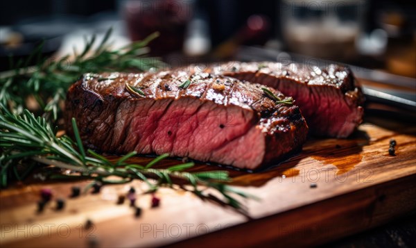 Grilled beef steak with rosemary and peppercorns on wooden board AI generated