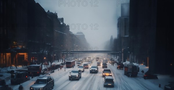 Traffic flow in the city on a snowy road