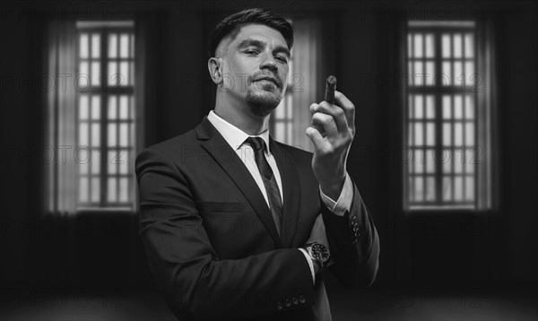 Portrait of a stylish man in a suit with a cigar. Business concept.