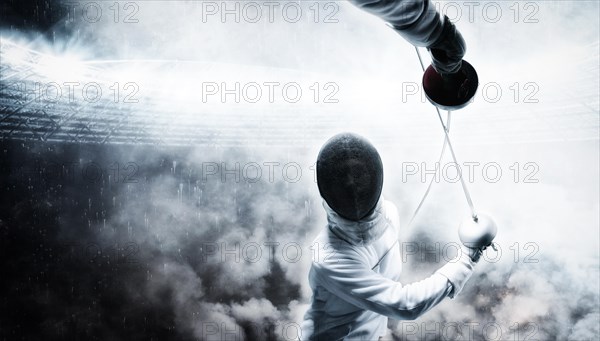 Portrait of two fencers against the backdrop of a sports arena. The concept of fencing. Duel.