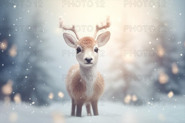 Young reindeer in the forest during snowfall