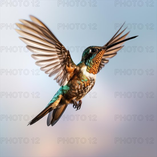 Close-up of a hummingbird in flight against a soft blue sky AI generated