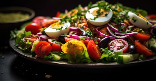 Slices of cherry tomatoes with olives and herbs on a black background AI generated