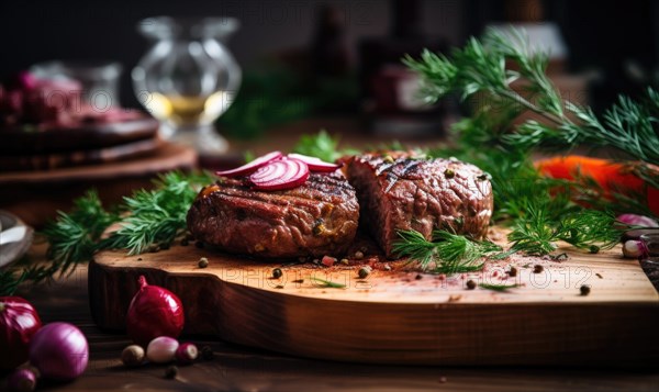 Grilled beefsteak with onion rings and rosemary on wooden board AI generated