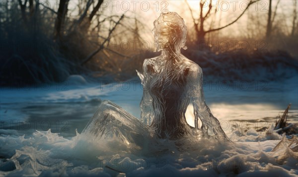 Ice sculpture of a woman merges with a wintry landscape at sunrise AI generated