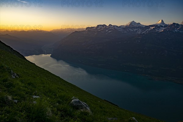 Mountain ridge with Swiss mountains and Lake Thun in the background at sunrise