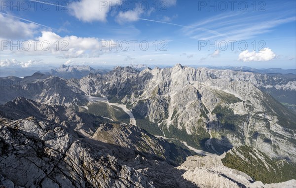 View of Wimbachgries valley and mountain panorama with rocky mountain peak of Hochkalter