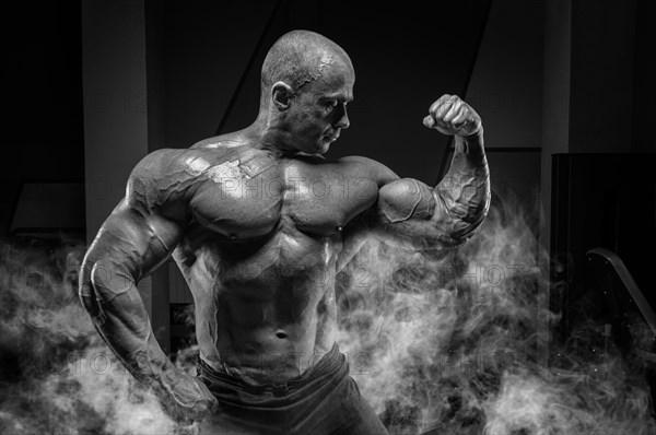 Professional weightlifter posing in the gym. Classic bodybuilding.