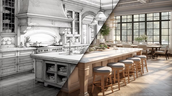 Concept design drawing to a finished renovation of a residential kitchen interior. generative AI