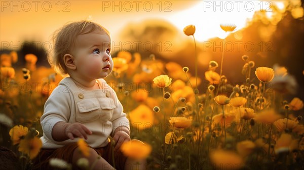 Cute baby boy in a field of poppies at sunset AI generated