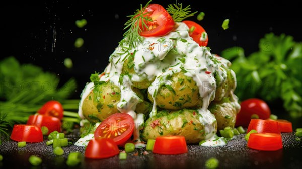 Boiled potatoes with sour cream and herbs on a black background AI generated AI generated