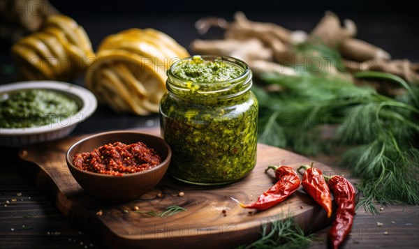 Pesto sauce with fresh herbs and spices on dark background AI generated