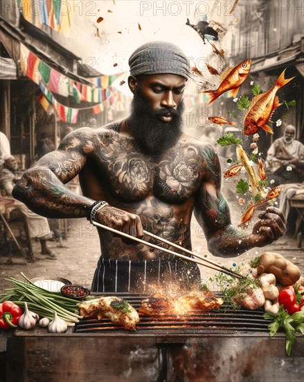 Fit tattooed black man chef wear apron
