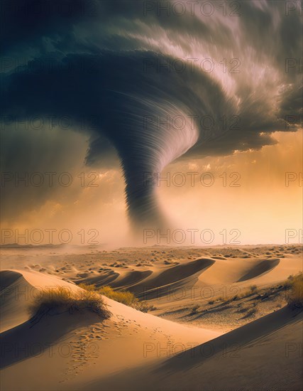 Big tornado storm in the desert above the sand dunes. Anomalous phenomena and climacteric disasters caused by the global warming. Environmental problem concept. AI generated art