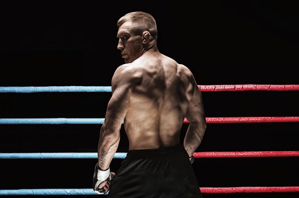 Portrait of a kickboxer on the background of the ring. Back view. The concept of sports and mixed martial arts.