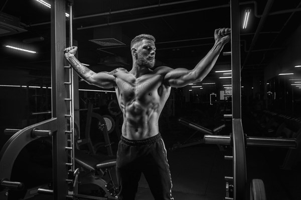 Portrait of an athlete in a special ramp in the gym. Bodybuilding and fitness concept.