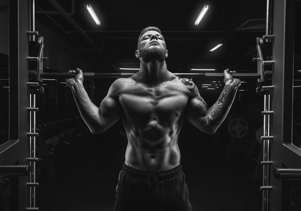 Portrait of an athlete with a barbell on the shoulders of the gym. Bodybuilding and fitness concept.