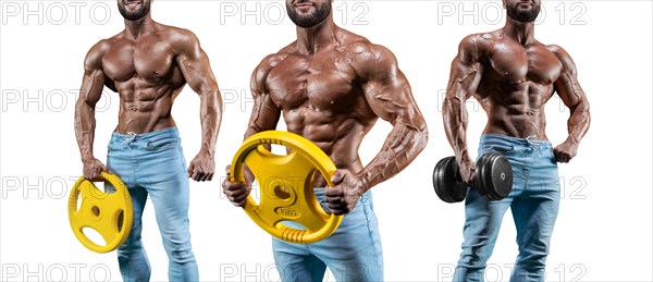 Set of three sexy muscular men. Posing on a white background with dumbbells and barbells. Bodybuilding and fitness concept.