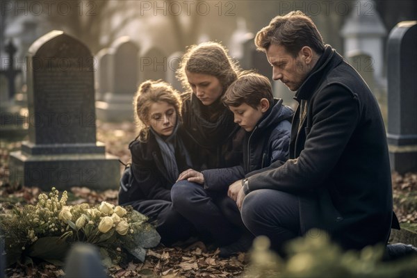 Family sits sadly at the gravestone