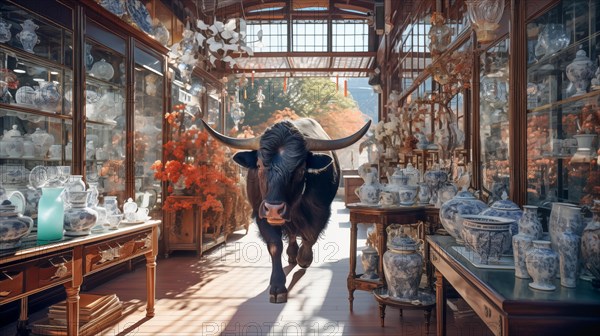 Very large bull with horns in a China shop filled with glassware. generative AI