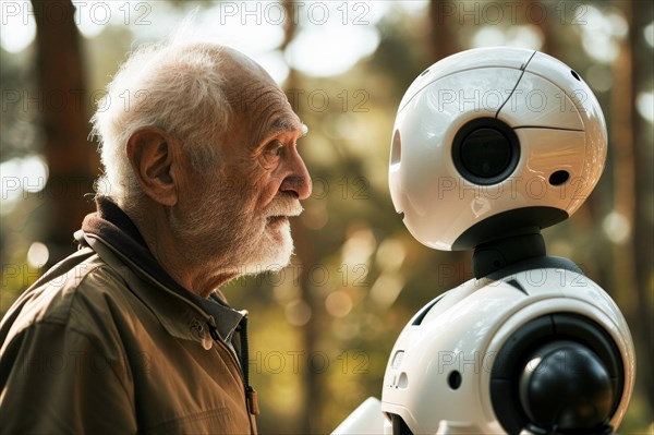 Old man having fun with a white artificial intelligence controlled care robot