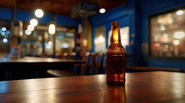 Bottle of beer on a table in a pub