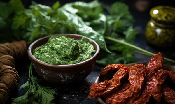 Homemade pesto sauce with fresh dill and chili pepper on wooden background AI generated