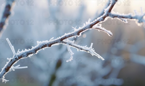 A frozen branch shimmering in the light on a clear and cold winter day AI generated