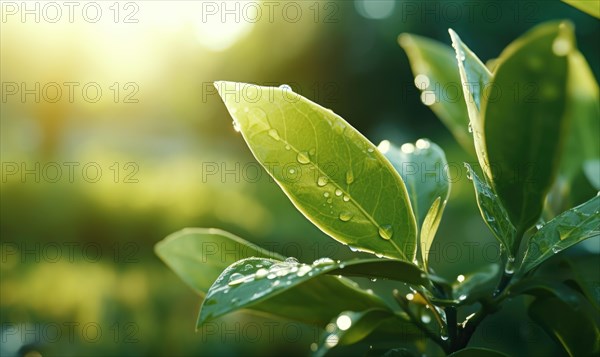 Morning dew on bright green leaves with sunlight dancing through AI generated