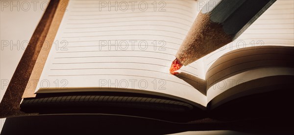 Pencil with a fire stylus is on a sheet of a notebook. The concept of business