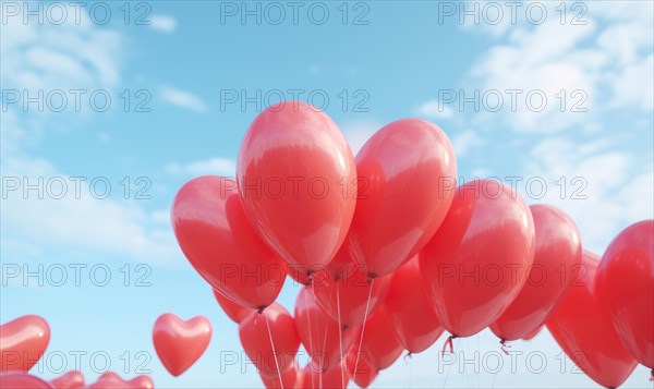 Cluster of red heart balloons soaring against a partly cloudy sky AI generated