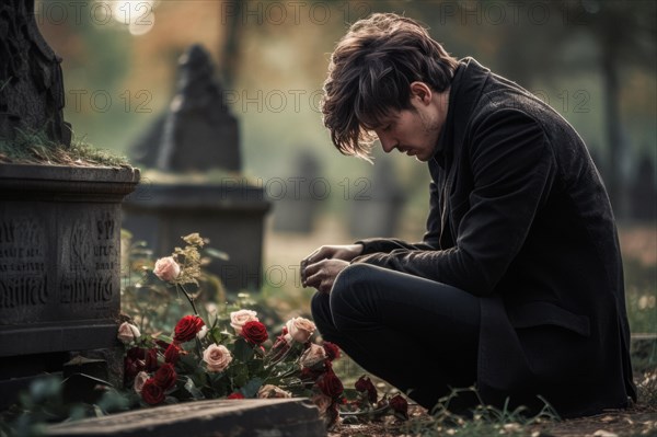Man sitting sadly at gravestone