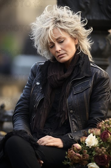 Woman sitting sadly at gravestone